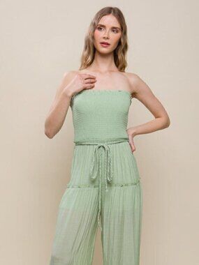 GiGiO Sage Green Strapless Woven Solid Sleeveless Top Smocked Ruffle Jumpsuit